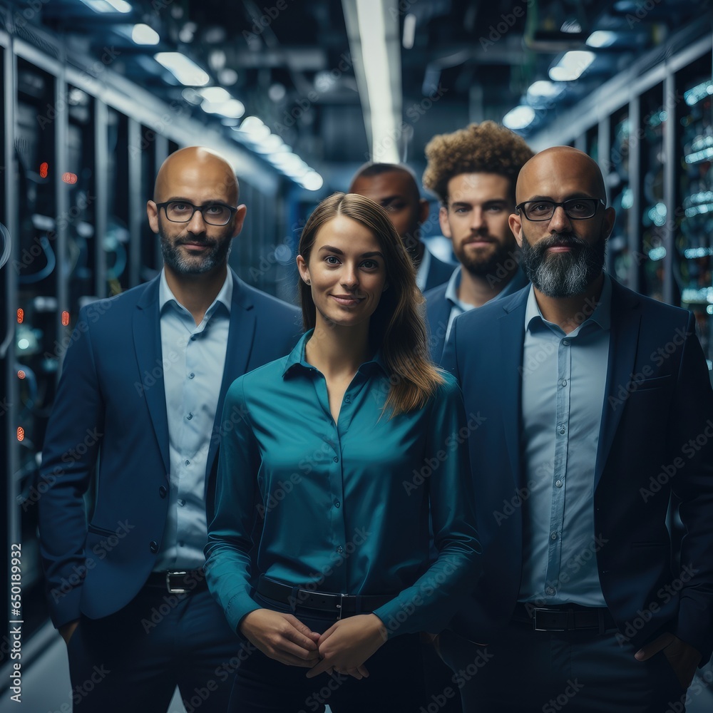 Fototapete Confident team standing in a server room or data center with servers in the background.