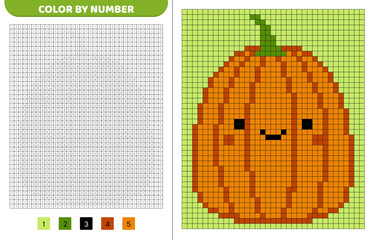 Funny pumpkin squishmallow. Color by number. Pixel coloring book. Numbered squares. Game for kids
