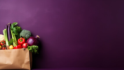 vegetables in cloth bags on purple background. - obrazy, fototapety, plakaty