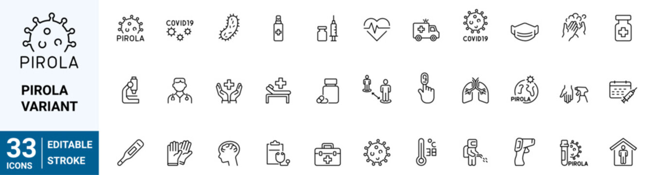Set of 33 line icons about coronavirus prevention. Pirola virus. sanitize, wash your hands, wear a mask and practice social distancing. Editable stroke. Vector illustration
