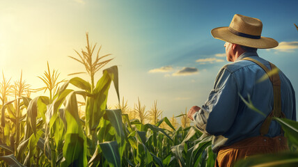 Farmer examining corn plant field and bright sky in the morning.