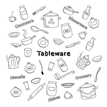 Sketch image of kitchen tableware. Doodles of dishes, crockery, utensils, cookware, dinnerware, cutlery, kitchenware