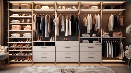 Interior of clothing boutique with luxury female wardrobe full of expensive dresses.