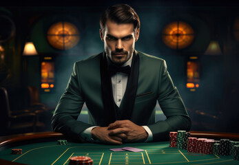 Male croupier at the casino at the table, Casino concept, Gambling, Poker.