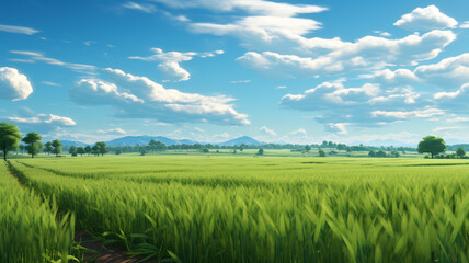 Fototapeta na wymiar green wheat field and bright sky in the morning.