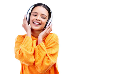 Headphones, happy woman and mockup space listening to music with a smile and tech with audio. Streaming, album and media with internet radio, sound and podcast isolated on transparent, png background