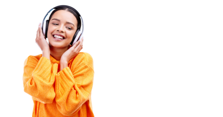 Headphones, happy woman and mockup space listening to music with a smile and tech with audio. Streaming, album and media with internet radio, sound and podcast isolated on transparent, png background