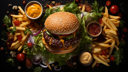 Amazing burger with bread and sesame,meat,salad tomatoes onion and sauces, and french fries