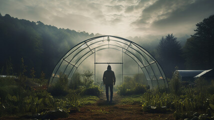 farmer stands in front of a plant nurseries in the morning. - obrazy, fototapety, plakaty