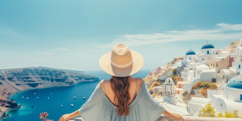 Woman Overlooking Santorini Seascape: Luxury European Vacation. Generative ai - obrazy, fototapety, plakaty