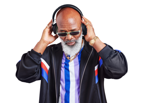 Senior black man, retro fashion or headphones streaming music in a cool style isolated on png. Transparent background, sunglasses or mature African person in vintage streetwear listening to radio