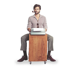 Desk, serious and man on typewriter with smoking pipe isolated on a transparent png background....