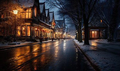 Fototapeta na wymiar Evening city street in Christmas lights and decorations.