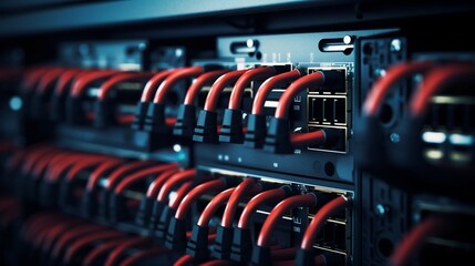 Server Rack Switch Ports with Connected Cables. Generative ai