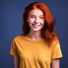 Fototapeta premium white woman smiling with red hair portrait of a young wearing a yellow t-shirt, in a studio plain background setting
