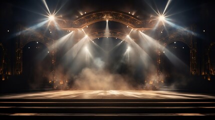 Stage Illuminated with Scenic Lights and Smoke. Generative ai