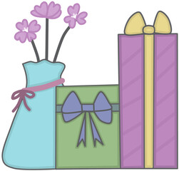 set of gift box and flower pot for decoration on special day, valentine, birthday or new year celebration