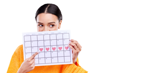 Heart, calendar and woman hand pointing to period schedule on isolated, transparent or png background. Menstruation, reminder paper or lady show cycle banner or ovulation or family planning poster