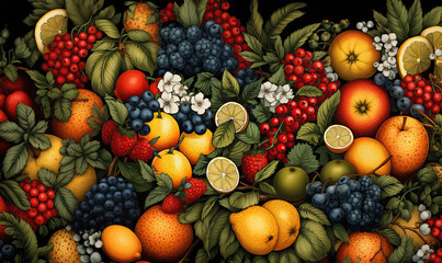 Colorful background, drawing of an assortment of fruits and berries.