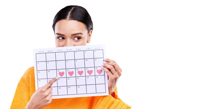 Heart, calendar and woman hand pointing to period schedule on isolated, transparent or png background. Menstruation, reminder paper or lady show cycle banner or ovulation or family planning poster