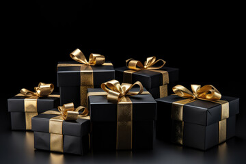 Arranged present gifts boxes wrapped in black paper with gold ribbon on black background. Front view