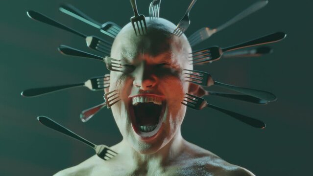 Close up of a screaming bald man with metal forks stuck into his head. Pain, depression, headache, migraine, anxiety concept.Suffering, schizophrenia . Surrealistic symbolic video. Mental disorder. 
