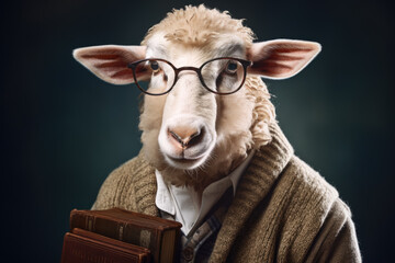 Portrait of intelligent sheep in eyeglasses holding a book. Retro style. Generative AI - 650196104