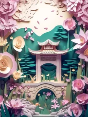 Wall murals Light Pink Flowers and trees, summer floral landscape made of paper, generative AI.