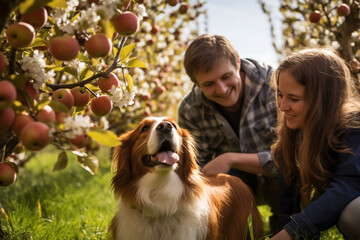 A family and their dog exploring an apple orchard in full autumn bloom, picking apples and making cherished memories