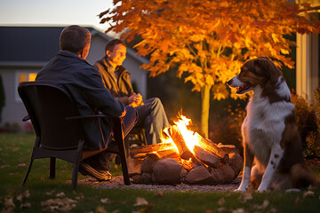A family's cozy autumn bonfire, their dog sitting nearby, as they enjoy the warmth and crackling flames on a chilly evening