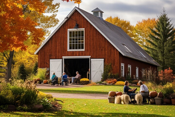 An idyllic autumn scene at a charming country barn, with a family and their dog enjoying the rustic beauty of the season