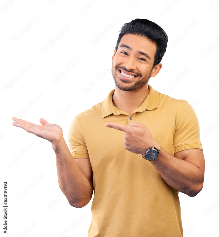 Aufkleber Man, portrait and open palm with pointing for advertising space isolated on transparent png background. Happy Asian male, promotion and presentation for information or news, advice and review
