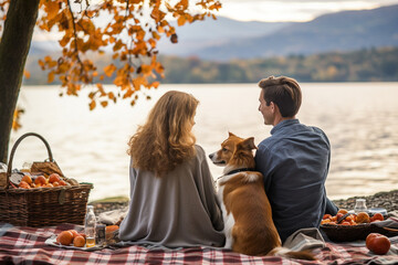 A family enjoying a scenic lakeside picnic on an autumn afternoon, their dog contentedly resting by the water's edge