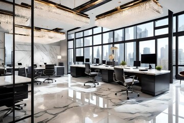 the elegance of a modern office adorned with crystal chandeliers and sleek marble accents