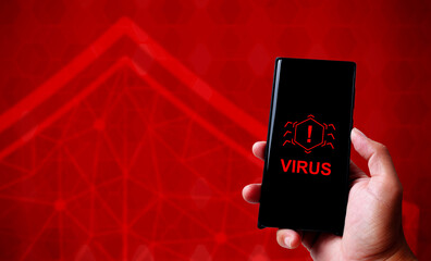 Hand holding smartphone with smartphone technology cyber security concept on red abstract...