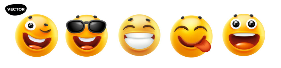 3d vector style design of funny set of emoji with tongue, sunglasses, wink, laugh and smile for social media. Vector cool collection of illustration of happy fun yellow emoticon with different emotion