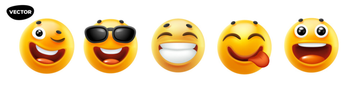 Naklejki 3d vector style design of funny set of emoji with tongue, sunglasses, wink, laugh and smile for social media. Vector cool collection of illustration of happy fun yellow emoticon with different emotion