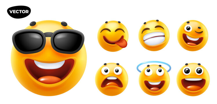 3d vector style design of funny set of emoji with sunglasses, nimbus, tongue and smile for social media. Vector cool collection of illustration of happy fun yellow emoticon with different emotion