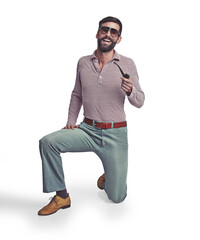 Man, vintage and pose with pipe with retro look for funny style isolated on transparent png...