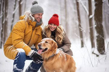 A family spending quality winter time together, enjoying a joyful stroll with their golden retriever in the snow-covered forest - obrazy, fototapety, plakaty