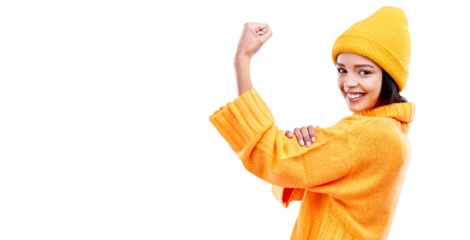 Strong, flex and portrait of woman with muscle on isolated, png and transparent background for. Smile, feminism and happy girl show strength, power and empowerment for exercise and confidence