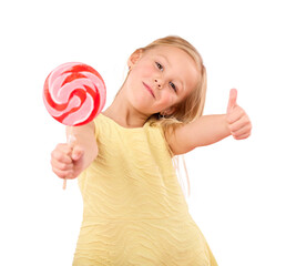 Portrait, lollipop and girl child thumbs up with candy, hungry for dessert and isolated on a transparent png background. Face, sweets and like hand of kid for good sugar, thank you for food or eating
