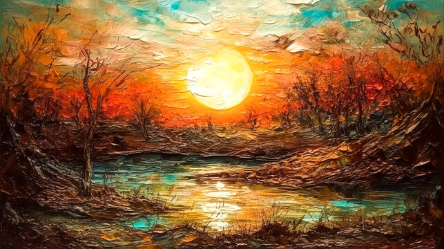 Sunset painted with oil paint, generative AI.
