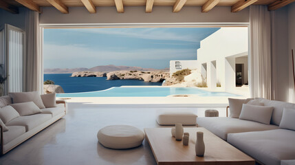 A breathtaking view from a luxurious Mediterranean home, overlooking the serene blue waters of the sea.