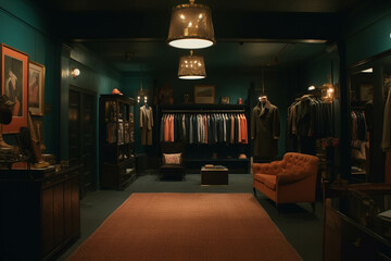 Fancy retail shop. Dark black color palette. Aesthetic Centered perspective. Interior Design