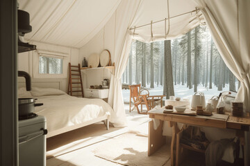 Fancy camping tent. All-white color palette. Aesthetic Centered perspective. Interior Design