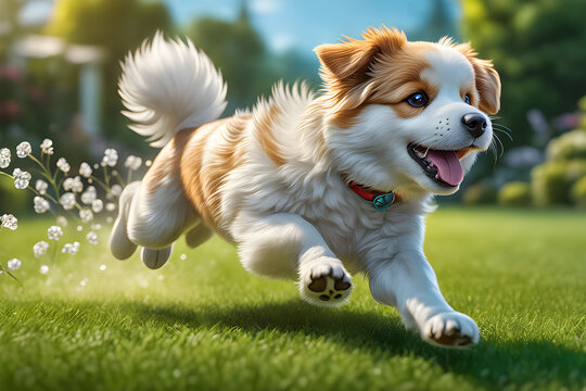 a dog running on the lawn