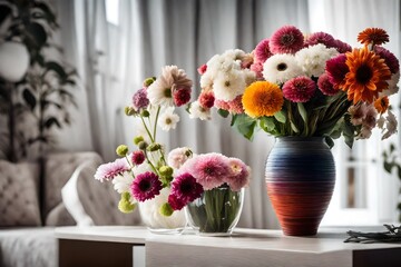 vase of different colors of flowers, in the home interior side