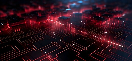 Red Line Circuit board digital technology background. 8k resolution. Best for wide banner, poster, header website, social media, editing video, background presentation, promotion and more - obrazy, fototapety, plakaty