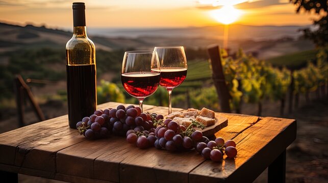 Glass of red wine and a bottle in the countryside, grapes as side dish

